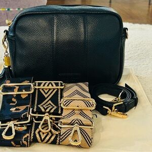 Pom Pom London BLACK City Leather Crossbody Bag W/4 New Straps! EUC!